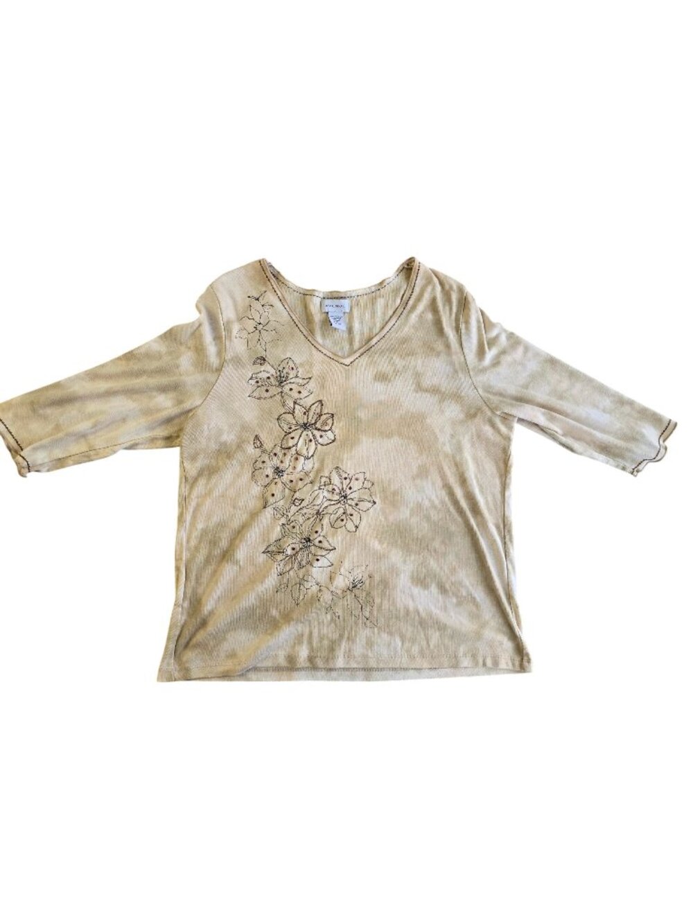 Avenue Womens 3/4 Sleeve Floral Embroidered Beige Top Size 18/20 Polyester Blend